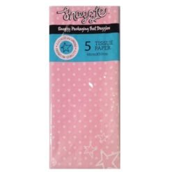 Pink tissue paper with white polka dots and star patterns in packaging; 5 sheets, 66 cm x 50 cm, Snozzle brand