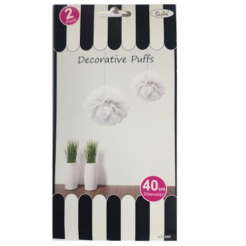 Package for decorative puffs featuring two white fluffy pom-poms hanging from strings, with a black-and-white striped border; label shows 40 cm diameter and '2 Pack'