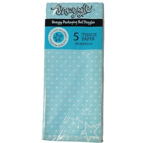 Blue tissue paper pack with 5 sheets, each 66 cm by 50 cm, light blue with white dots and star motifs in the design.