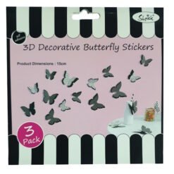 Three-pack of self-adhesive 3D butterfly stickers on pink display card, 15 cm product dimensions, shown in packaging.