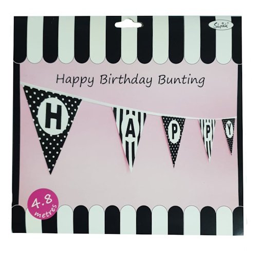 Packaging for a 'Happy Birthday Bunting' kit featuring a black-and-white pennant banner on a pink background; banner length 4.8 metres.