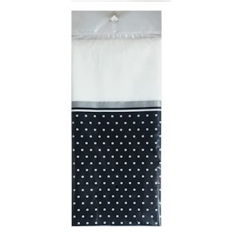 Clear plastic bag featuring a white upper section and a navy polka-dotted lower section.