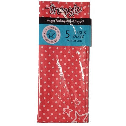 Pack of five pink tissue papers with white polka dots and star accents, labeled 5 tissue paper (60 cm x 50 cm) for gift wrapping.