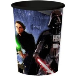 Cup with Star Wars artwork featuring Luke Skywalker and Darth Vader wielding green and red lightsabers.