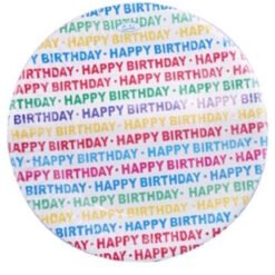 Circle filled with rainbow-colored 'Happy Birthday' text repeated across the pattern.