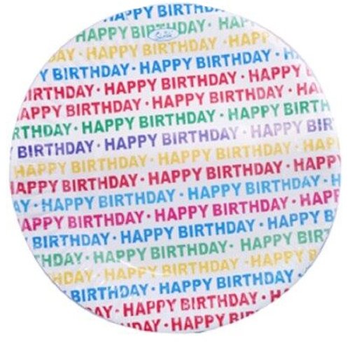 Circle filled with rainbow-colored 'Happy Birthday' text repeated across the pattern.