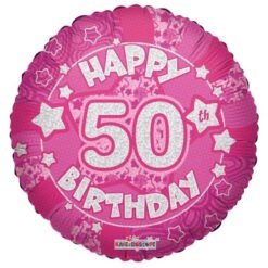 Round pink foil balloon that reads 'Happy 50th Birthday' in bold white letters with white stars around it, celebrating a 50th birthday.
