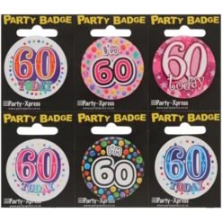 Six colorful round '60 today' birthday badges displayed on black packaging cards (six designs).