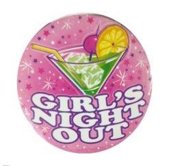Pink circular badge featuring a cocktail glass and the text 'GIRL'S NIGHT OUT' in bold white letters with starry background.