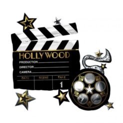 Hollywood-style clapperboard with a vintage film reel and gold stars, celebrating cinema and production crew