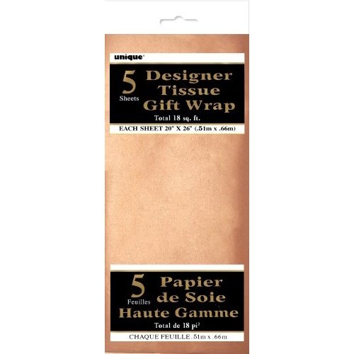 Package of five sheets brown designer tissue gift wrap with black labels; total 18 sq ft.