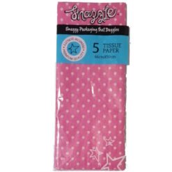 Pack of five pink polka-dot tissue papers in packaging, labeled '5 tissue paper' (66×50 cm).