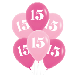 Pink and magenta balloons forming the number 15, celebrating a 15th birthday.