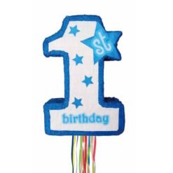 Blue and white number-1 birthday piñata with blue stars and a blue '1st' star tag, plus hanging ribbons