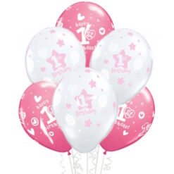 Bouquet of pink and white birthday balloons reading '1st Birthday' floating together.