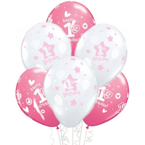 Bouquet of pink and white birthday balloons reading '1st Birthday' floating together.