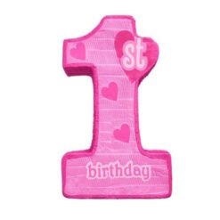 Pink plush number 1 birthday balloon for a 1st birthday, with small hearts and the text '1st birthday' on the surface.