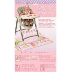 Packaging for a High Chair Kit: baby in a high chair with a pink party hat; includes floor mat, bunting banner, and decorations for a 1st birthday.