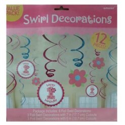Swirl Decorations package: pink header, 12 foil spirals with 'Happy 1st Birthday' circles and flower shapes.