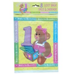 Colorful birthday loot bag featuring a brown bear holding a pink bow and a gift, with 'Happy 1st Birthday' borders.
