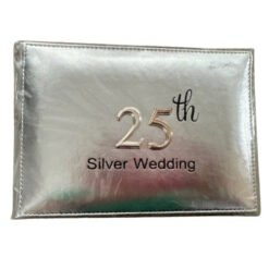 Silver metallic clutch engraved with '25th Silver Wedding' text, commemorative keepsake for a 25th anniversary
