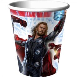 Disposable paper cup printed with Marvel's Thor in battle, wearing armor and a red cape with a dynamic action scene.