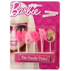 Barbie-themed birthday candle picks spelling 'HAPPY' in pink letters on a pink toy-pack held packaging with Barbie imagery and 'Fab Candle Picks!' label on the bottom.