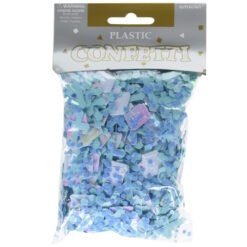 Bag of pastel blue and lavender plastic confetti pieces in assorted shapes, labeled 'Plastic Confetti' by Amscan.