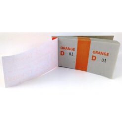 Gray packaging boxes labeled ORANGE D 01 with an orange vertical stripe, placed beside an open folded booklet on a white surface.
