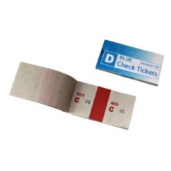Two paper tickets: a red-striped stub with the letters C and numbers, and a blue validation card labeled 'Check Tickets'.
