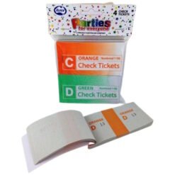 Pack of orange C and green D check tickets for a party, with a perforated booklet beside and party packaging reading 'Parties for Everyone' above.