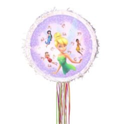 Round party piñata with a Tinker Bell design on a purple background and multicolored ribbons streaming from the bottom edge.