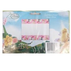 Disney Fairies tablecover package showing pink floral border with a white central area; blue sky background with flowers in the scene.
