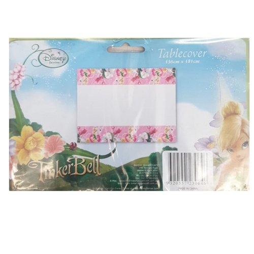 Disney Fairies tablecover package showing pink floral border with a white central area; blue sky background with flowers in the scene.