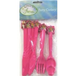 Pink plastic Disney Fairies party cutlery set (knives, forks, spoons) with star-shaped handles in packaging.