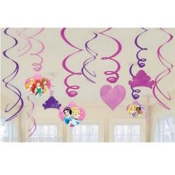 Purple and pink streamers with heart-shaped cutouts and Disney princess character decals hanging from the ceiling. (Princess-themed party decor)