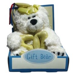 White plush teddy bear in a blue gift box, adorned with a yellow ribbon and a 'Gift Bear' label.