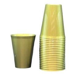 Stack of yellow disposable cups with a single cup beside them for serving drinks.