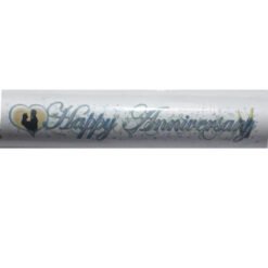 White celebration banner reading 'Happy Anniversary' with a heart and couple silhouette graphic.