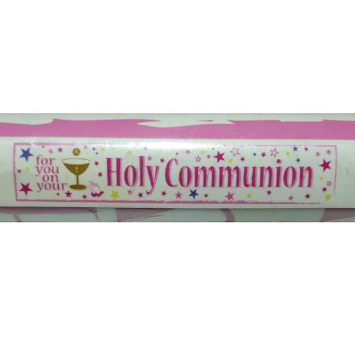 White label on a pink package reading 'Holy Communion' with a gold chalice icon and colorful stars around the text.