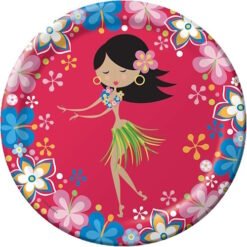 Cartoon hula dancer with a grass skirt and flower in her hair dancing on a pink floral backdrop
