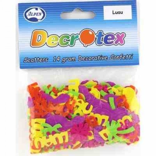 Bag of colorful letter-shaped plastic confetti (Decoratex) in bright pink, orange, yellow, green, and purple for decorating (14 g).