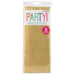 Gold metallic tissue gift wrap in a clear package labeled 'PARTY!' with 5 sheets included (50cm x 66cm per sheet).