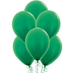 Cluster of green balloons tied with curling ribbons, floating together