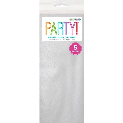 Pack of party-themed metallic tissue gift wrap, 5 sheets in a clear plastic pack with a colorful PARTY! label