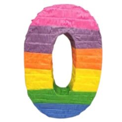 Rainbow-striped inflatable pool float shaped like the letter O, in pink, purple, orange, yellow, green, and blue.