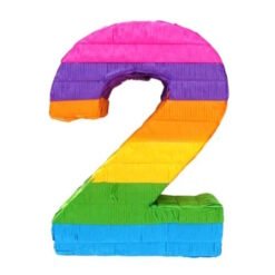 Colorful rainbow number 2 piñata made of tissue paper for celebrations/ birthdays.