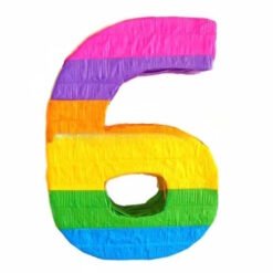 Rainbow-striped number 6 balloon on a white background, featuring pink, purple, orange, yellow, green, and blue bands.
