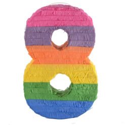 Eight-shaped piñata with rainbow stripes in Pride colors (pink, purple, orange, yellow, green, blue).