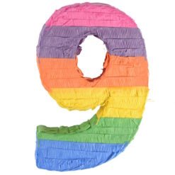 Rainbow-colored piñata in the shape of the number 9, with fringed tissue paper in rainbow stripes.